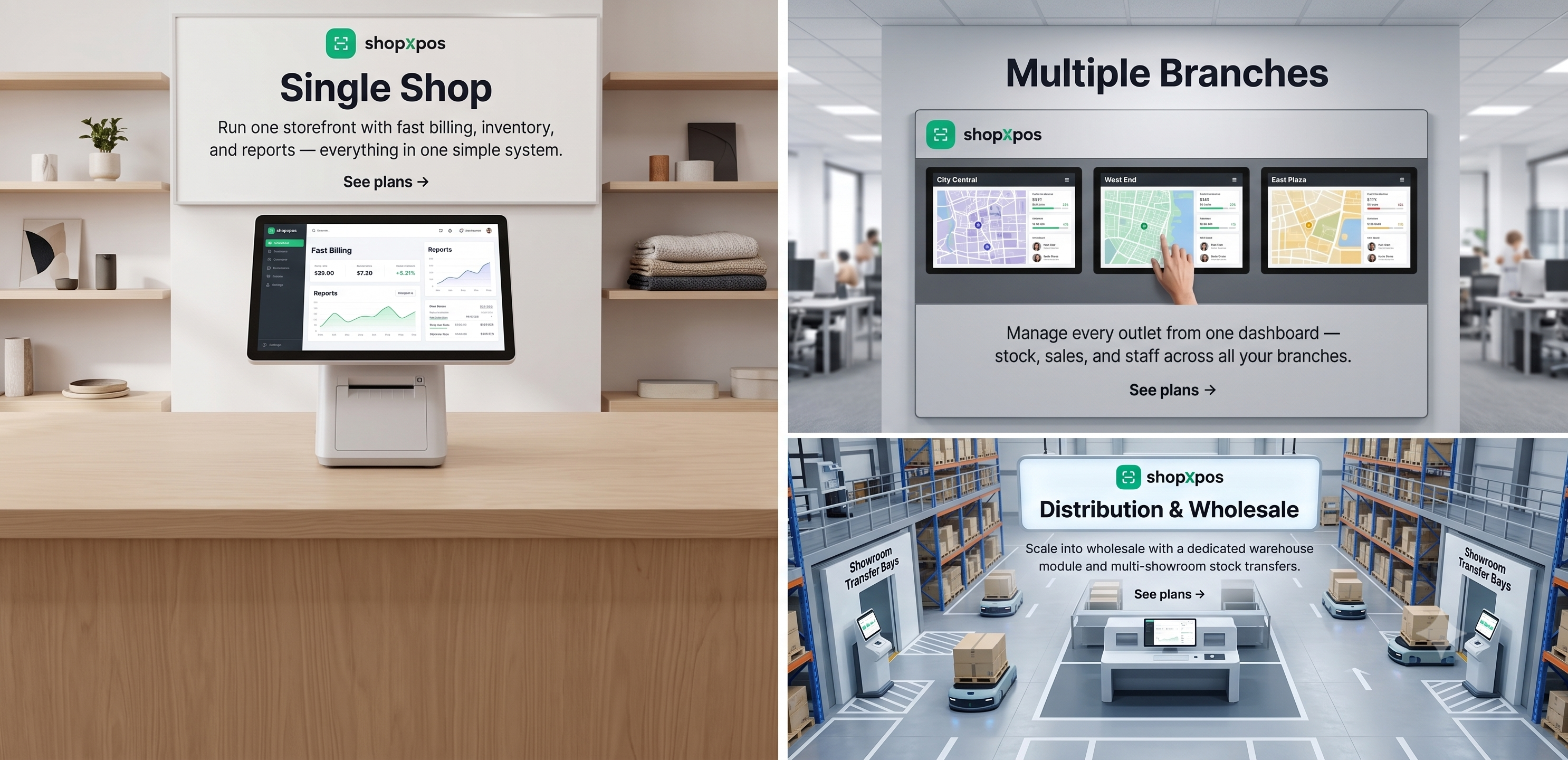ShopXPOS running across a single shop counter, a multi-branch office, and a distribution warehouse