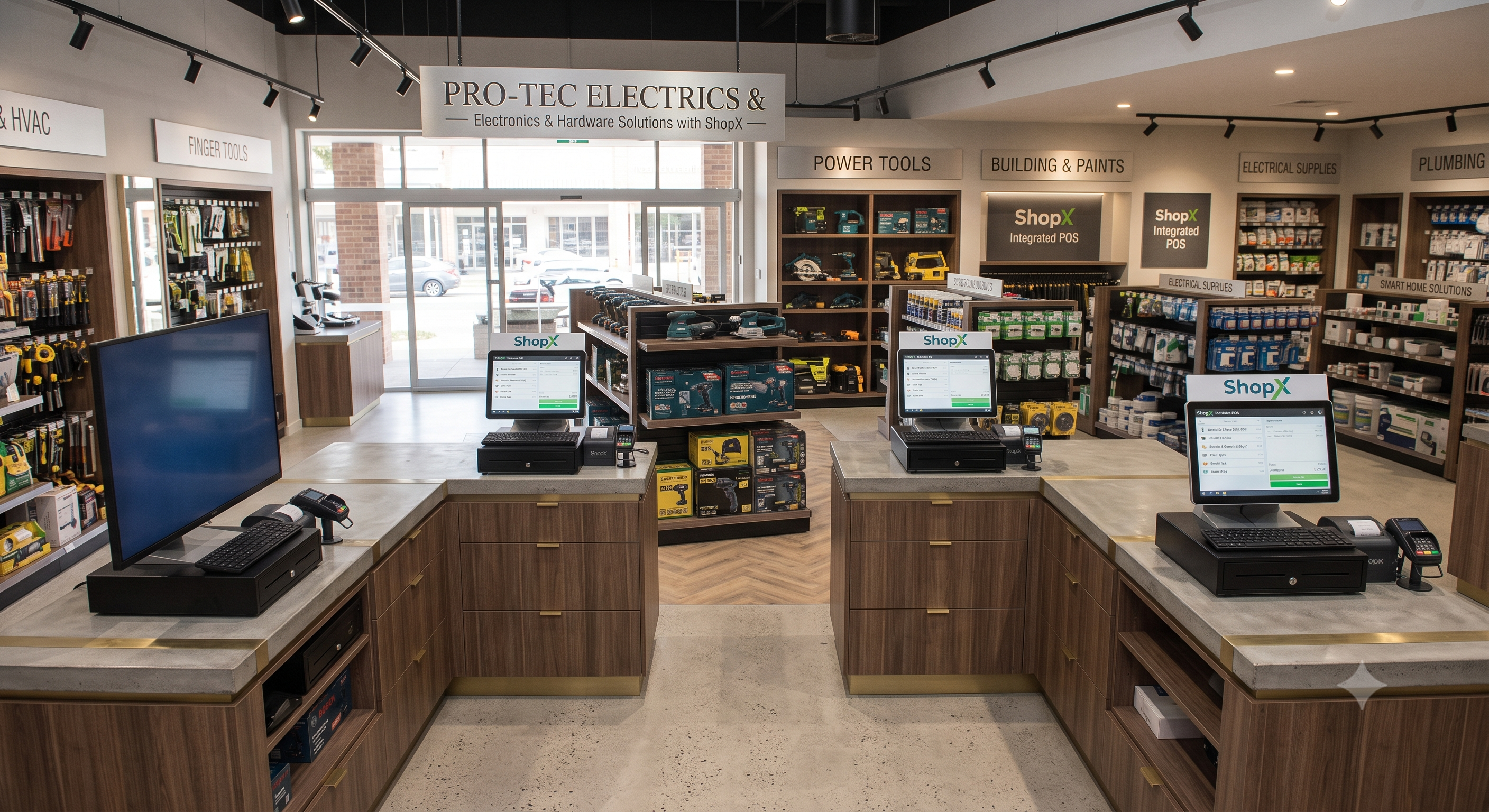 ShopXPOS running at an electronics and hardware store counter